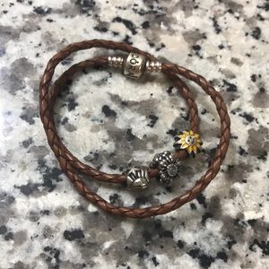 Pandora brown leather braided charm bracelet